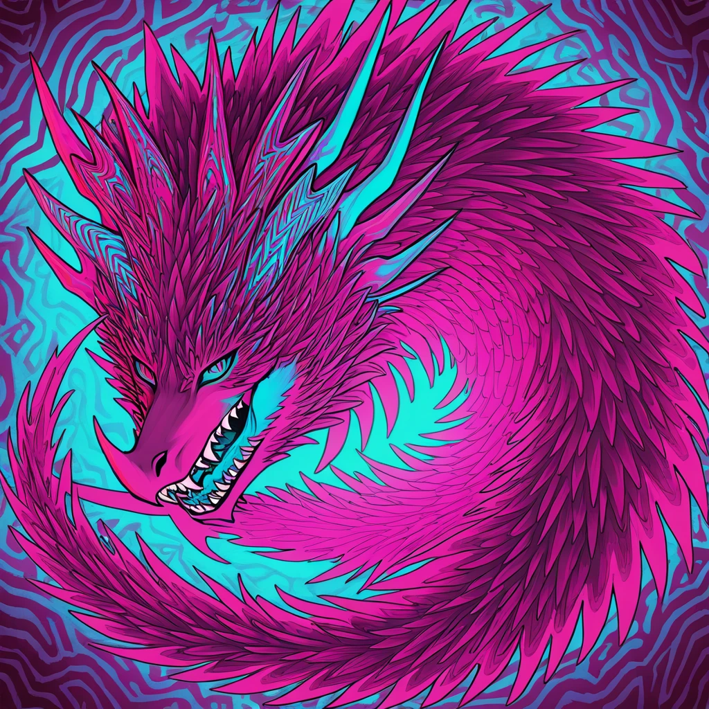 Pink fluffy dragon with jagged horns in psychedelic horror art style