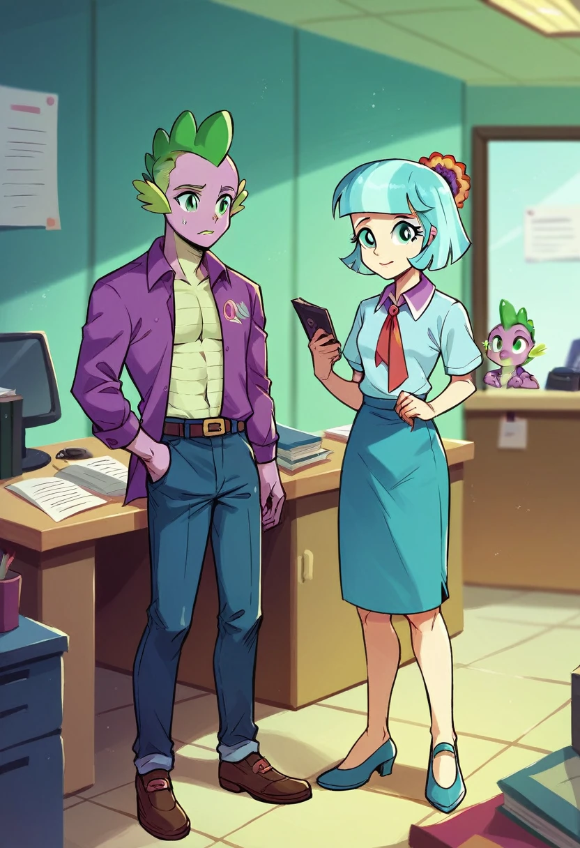 Spike, one boy, one boy only, Really just one boy, naked, tranforming into, Coco Pommel, Spike Equestria girls, full body, Standing, in a office, Spike, cuerpo completo, High resolusion.