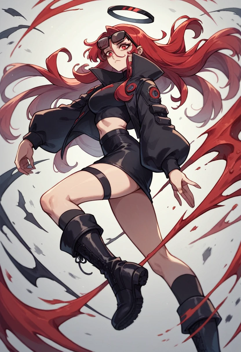 アニメ, best qualityer, Caucasian female, long red hair, Red eye , black long sleeve shirt , very short black skirt , black long boots, black halo, black cyberpunk glasses on head, black devil syrup , black ax