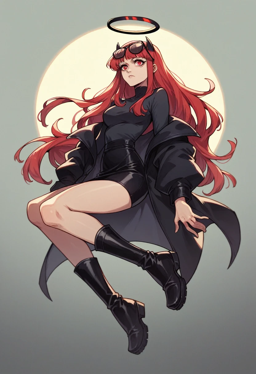 アニメ, best qualityer, Caucasian female, long red hair, Red eye , black long sleeve shirt , very short black skirt , black long boots, black halo, black cyberpunk glasses on head, black devil syrup , black ax 