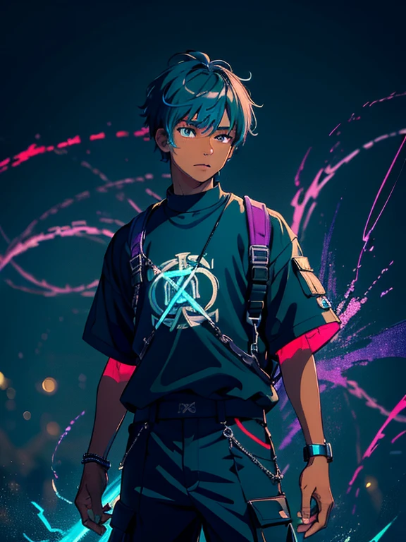 (masterpiece:1.4), 1boy, mage, Streetwear,cargo pants, street, (masterpiece, best quality, highres, ultra detailed ), night, depth of field, absurdres, (masterpiece:1.4), ultra-detailed, 1boy, dark-skinned, stand up, black and teal, short purple wildly hair with teal streaks, surrounded by neon and colored sparks
