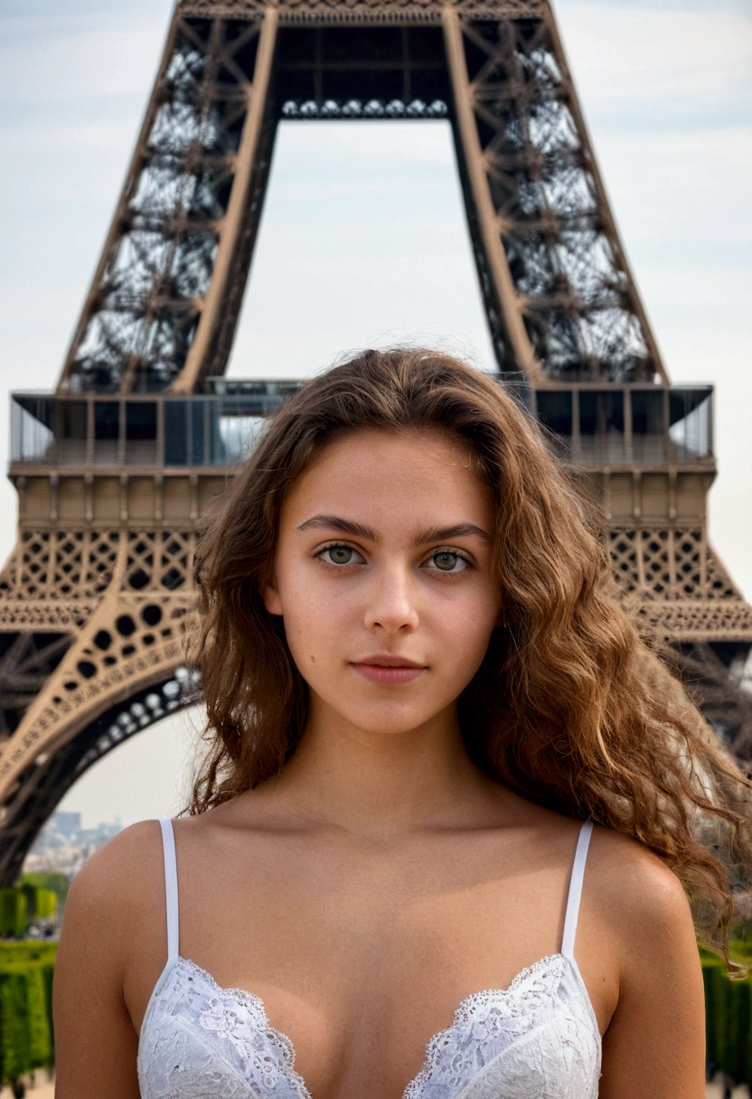 femme, sous vetement, fille aux yeux marrons, fullbody, longs cheveux bruns bouclés et en désordre et grands yeux, selfie d'une jeune femme, sans maquillage, maquillage naturel, regarder directement la caméra, visage avec artgram, maquillage subtil, superbe photo de tout le corps, devant la Tour Eiffel, elle est élégante, petit décolleté, full body, corp entier