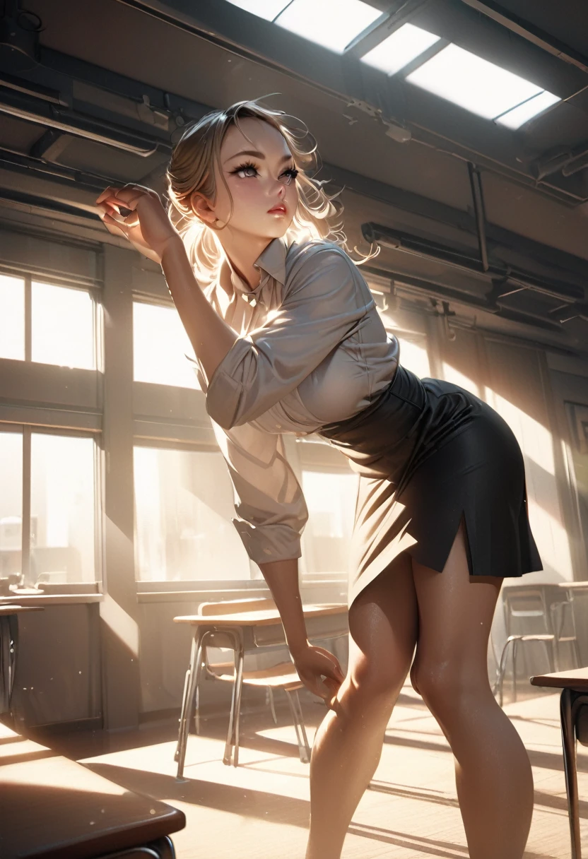 high waisted long black skirt, elegant teacher, arrogant pose, in the classroom center, detailed facial features, beautiful eyes, full lips, long eyelashes, confident expression, dynamic lighting, dramatic shadows, cinematic composition, photorealistic, 8k, ultra-detailed, masterpiece