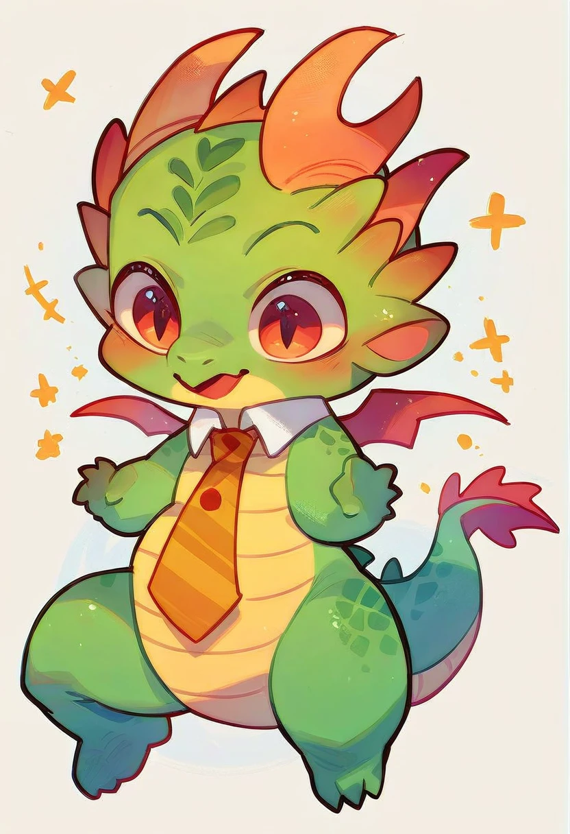 high quality, (cute little Dragon), (cartoon:1.3),(((chibi:1.2))),(pixar style:1.2),(cute expression:1.1), (Dragon), (cute little dragon), ((((red with yellowish colors)))), he wears a gold tie, (((White background)), 
