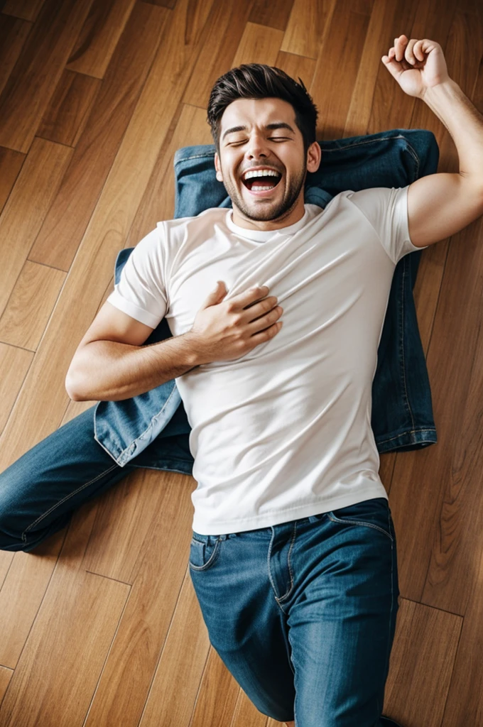 Adult laughing on floor and  hitting his chest