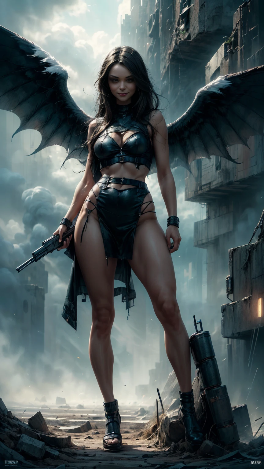 plano general, whole body, Pay attention angel revelde big black wings, The eyes, dark and torn, ((only 1 dark and malevolent woman from the underworld evil smile, squinted eyes:1.3)), leather clothing attached to the body,beautiful muscular body, fierce expression, holding a gun, (colors in your clothes, warm, orange, yellow, violet: 1.3), standing in a desolate field, dramatic lighting, intense shadows, sandy texture , high contrast, vibrant colors, dynamic pose, powerful posture, rough background, explosive atmosphere, dystopian theme, surreal elements, digitally painted illustration, high definition resolution, intricate details, dramatic composition, avant-garde and chaotic brushstrokes, Gothic style, intense emotions, Scale epic, raw and gritty feeling, Captivating and provocative works of art...