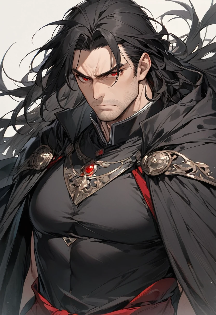 Solo-man, middle aged, tall man, masculine, muscular, broad shoulders, (long messy black hair:1.3), red eyes, neutral face, serious, black cloak