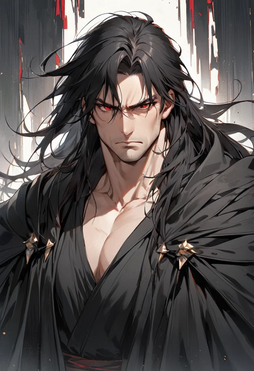 Solo-man, middle aged, tall man, masculine, muscular, broad shoulders, (long messy black hair:1.3), red eyes, neutral face, serious, black cloak