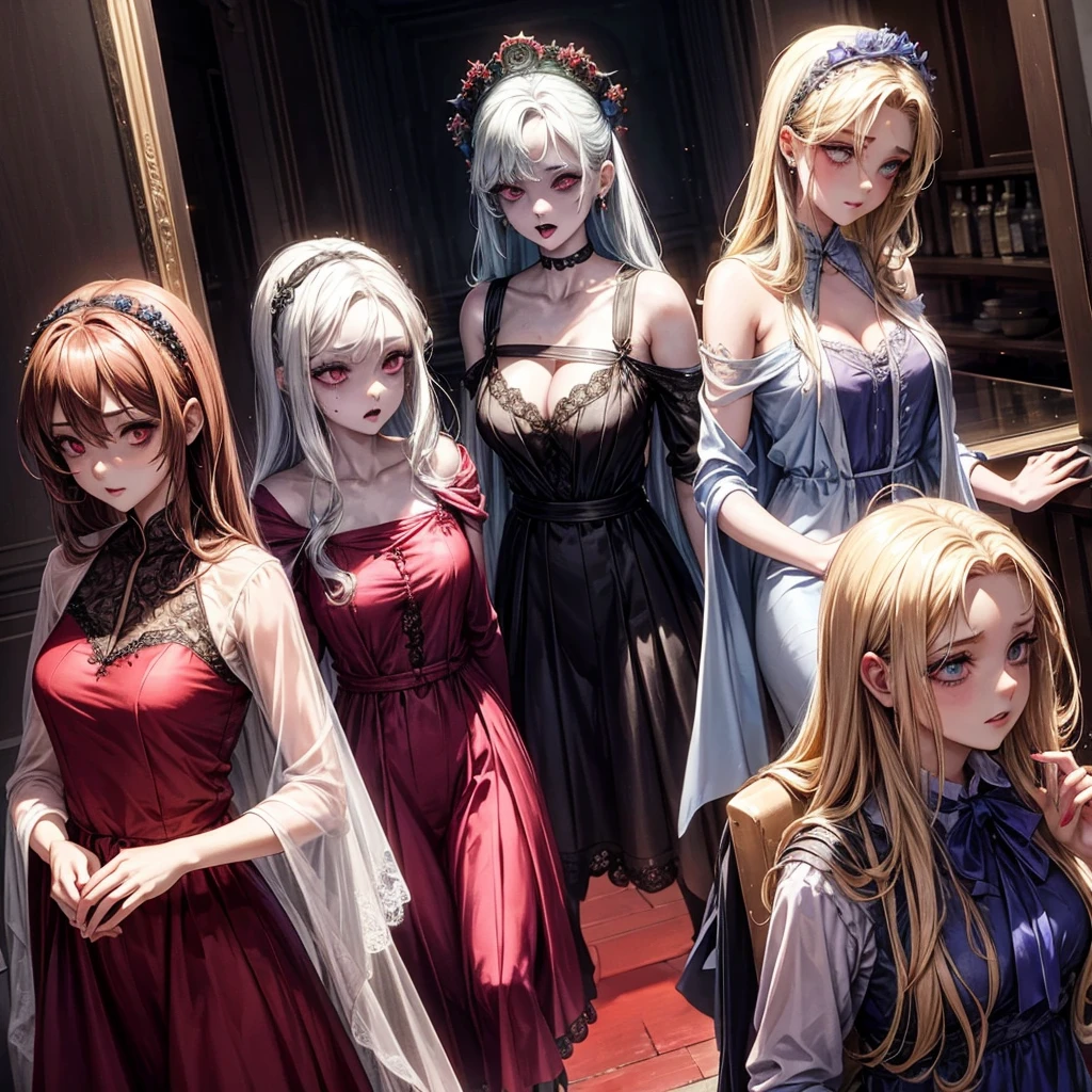 group of beautiful female zombies wearing silk dresses