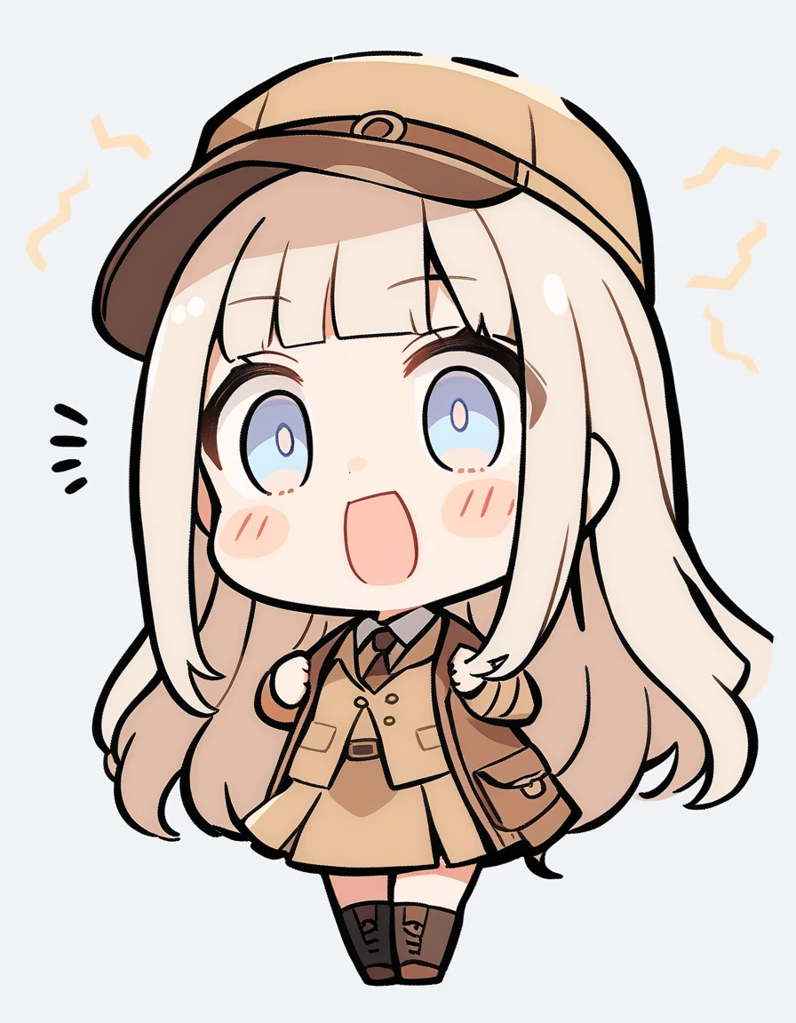 One girl, Beige hair、Long Hair、Bangs、Detective Suit、chibi,Light blue eyes、simple background、Surprised face、Newsboy hat、skirt、Brown clothes