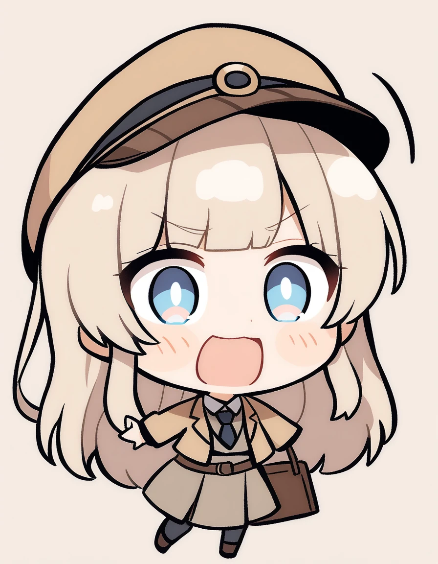One girl, Beige hair、Long Hair、Bangs、Detective Suit、chibi,Light blue eyes、simple background、Surprised face、Newsboy hat、skirt、Brown clothes