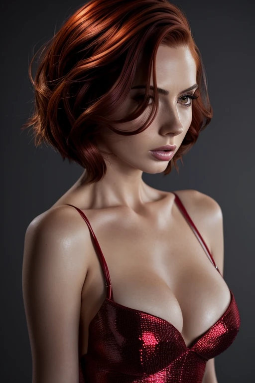 Gorgeous european woman with short hair, wet hair, hair slicked back, combed straight back, slick hair, streaked auburn hair, seductive pose, karen gillan, dressed as jessica rabbit, cleavage, solid dark grey background