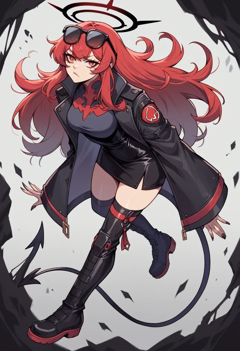 アニメ, best qualityer, Caucasian female, long red hair, Red eye , black long sleeve shirt , very short black skirt , black long boots, black halo, black cyberpunk glasses on head, black devil syrup , holding black ax , with a black ax
