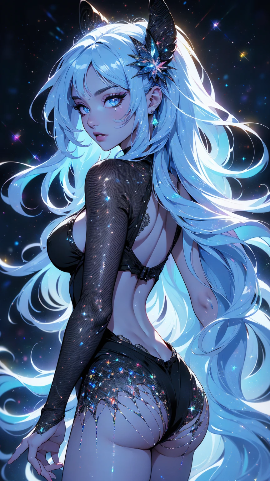 (rear view, backside view),{-erro_de_anatomy:1.0}, (La mejor calidad,A high resolution,Ultra - detallado,actual),Ariana Grande, highest quality, (perfect face:1.1, (high detail)1.1, sweet stardust vampire , long soft white hair, perfectly drawn face, black dress, stars detailed background, prismatic lighting, glitter, whole bod., Very sexy, walking, holding a crystal star in her hands, backwards, looking back, (ojos hermosos azules :1.4), (perfect anatomy:1.4),( fondo cristales de cuarzo gigantes:1.4), (detailed face:1.4),( mostrando su trasero hermoso grande), (no mutaciones),( lingerie negro :1.4 ), (convexo dedos detailed:1.4 )