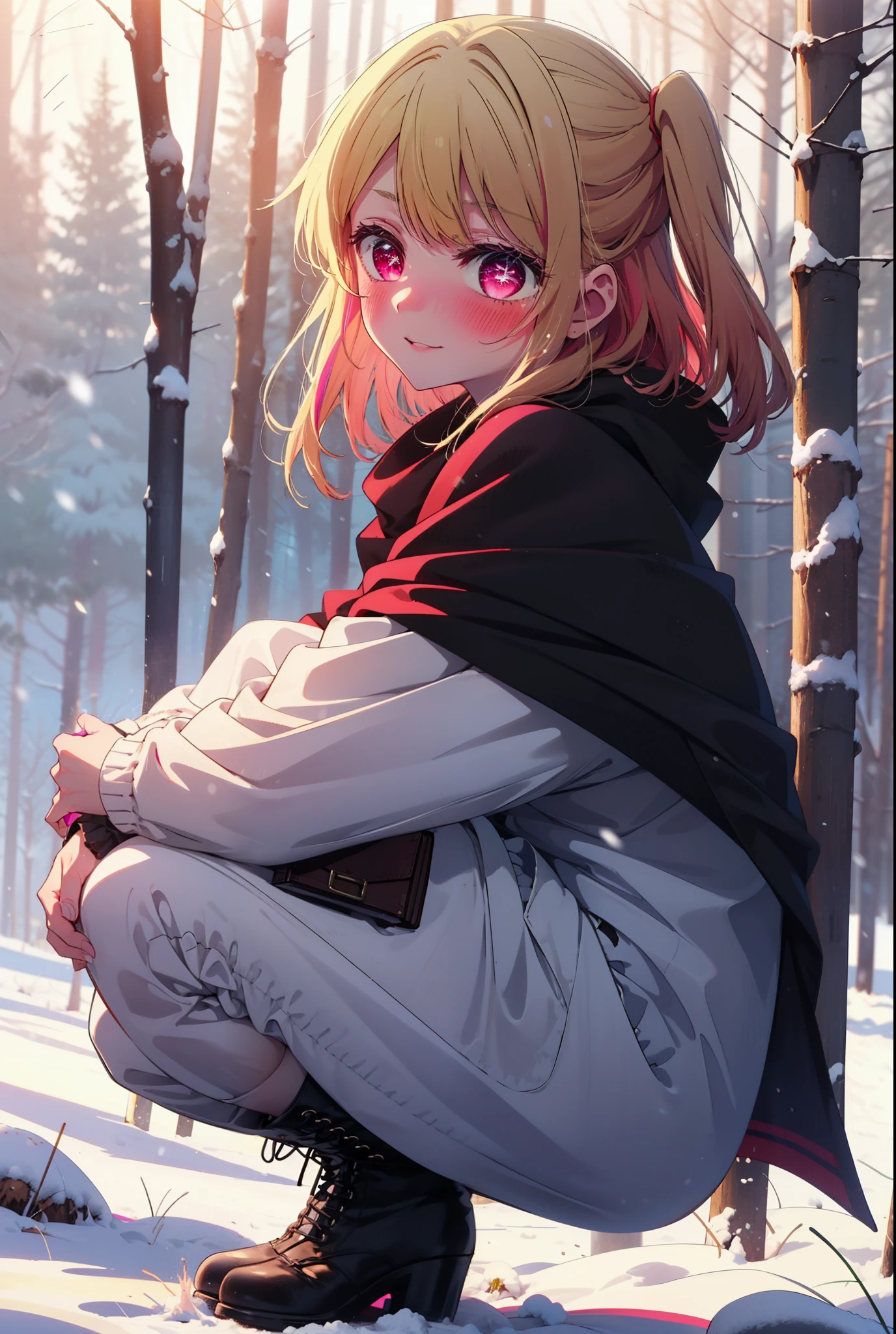 rubyhoshino, Hoshino Ruby, Long Hair, bangs, blonde, (Pink Eyes:1.3), Side Lock, (Symbol-shaped pupil:1.5), Multicolored Hair, Two-tone hair, smile,,smile,blush,white breath,
Open your mouth,snow,Ground bonfire, Outdoor, boots, snowing, From the side, wood, suitcase, Cape, Blurred, , forest, White handbag, nature, Squat, Mouth closed, Cape, winter, Written boundary depth, Black shoes, red Cape break looking at viewer, Upper Body, whole body, break Outdoor, forest, nature, break (masterpiece:1.2), Highest quality, High resolution, unity 8k wallpaper, (shape:0.8), (Beautiful and beautiful eyes:1.6), Highly detailed face, Perfect lighting, Highly detailed CG, (Perfect hands, Perfect Anatomy),