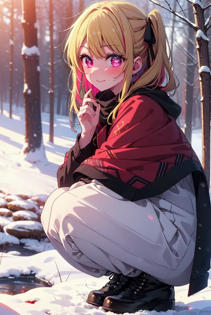rubyhoshino, Hoshino Ruby, Long Hair, bangs, blonde, (Pink Eyes:1.3), Side Lock, (Symbol-shaped pupil:1.5), Multicolored Hair, Two-tone hair, smile,,smile,blush,white breath,
Open your mouth,snow,Ground bonfire, Outdoor, boots, snowing, From the side, wood, suitcase, Cape, Blurred, , forest, White handbag, nature, Squat, Mouth closed, Cape, winter, Written boundary depth, Black shoes, red Cape break looking at viewer, Upper Body, whole body, break Outdoor, forest, nature, break (masterpiece:1.2), Highest quality, High resolution, unity 8k wallpaper, (shape:0.8), (Beautiful and beautiful eyes:1.6), Highly detailed face, Perfect lighting, Highly detailed CG, (Perfect hands, Perfect Anatomy),