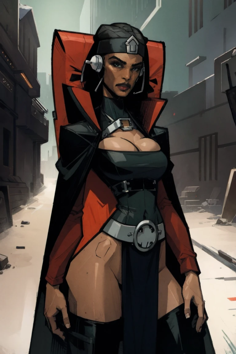 Brutal Red Skin Twi'lek with huge breasts wearing futuristic ((sleek (black) tunic)), robes, cowl, cape, huge breasts, slim hips, small waist, full-body shot, cleavage