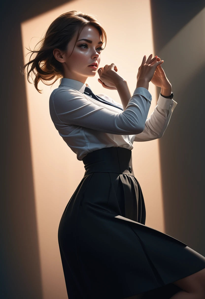 long black high waist skirt, elegant teacher, arrogant pose, in the center of the classroom, detailed facial features, beautiful eyes, full lips, long eyelashes, confident expression, dynamic lighting, dramatic shadows, cinematographic composition, photorealistic, 8k, ultra detailed, masterpiece