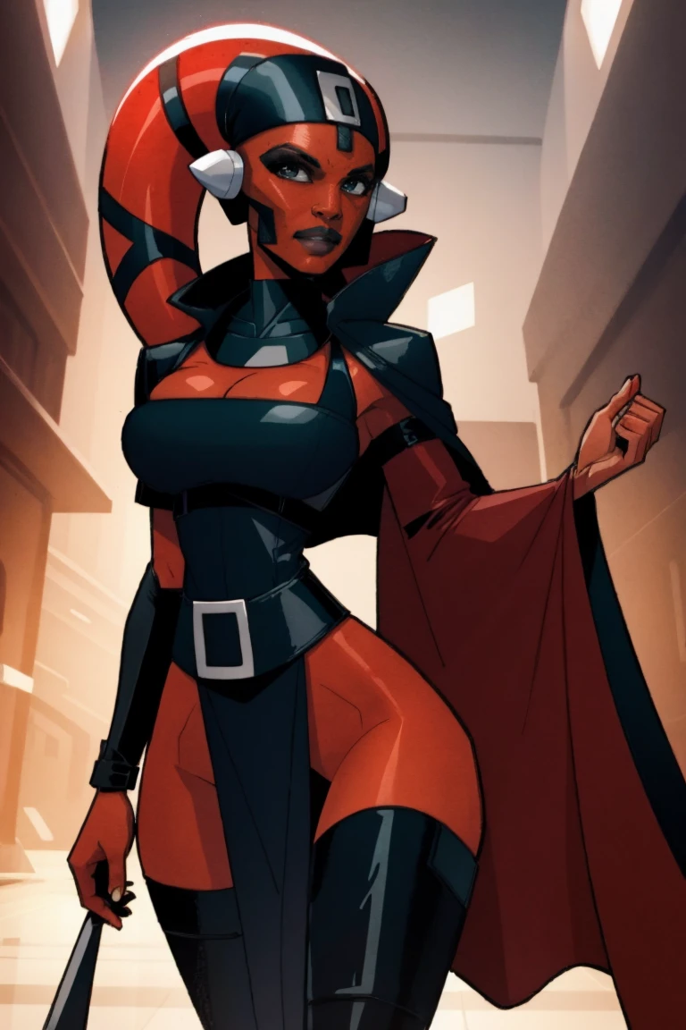 Brutal Red Skin Twi'lek with huge breasts wearing futuristic ((sleek (black) tunic)), robes, cowl, cape, huge breasts, slim hips, small waist, full-body shot, cleavage