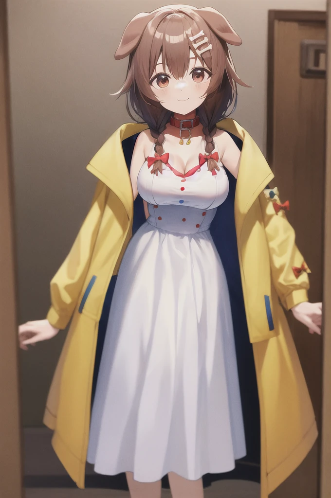 masterpiece, best quality, absurdres, cowboy shot, standing, 
Korone, indoors, :3, smile, dog girl, dog ears, dog tail, twin braids, sidelocks, hair ornament, medium breasts, 
 ((white dress)), yellow jacket, bow, collar, collarbone, dress, jacket, open clothes, open jacket, red bow, short dress, sleeveless dress,
