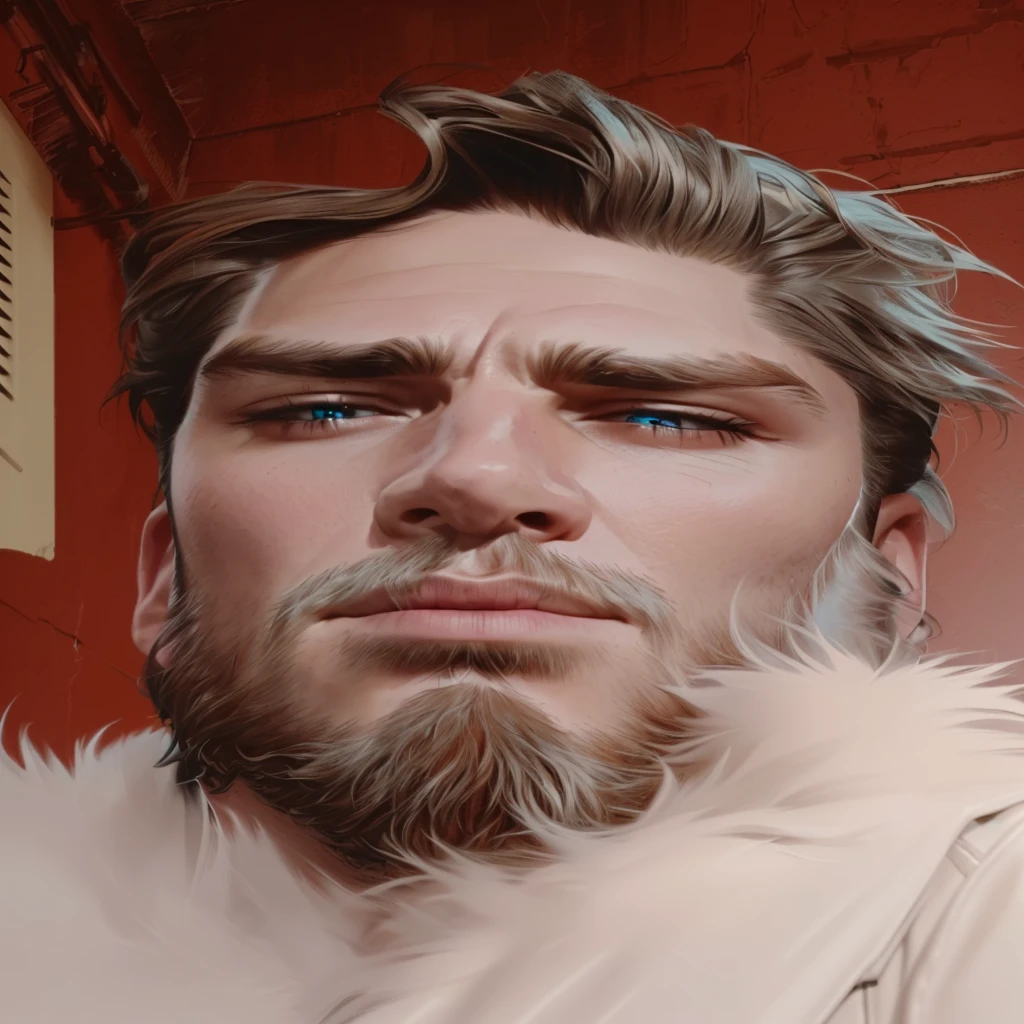 a cool guy with a long beard, intricate detailed facial features, strong jawline, intense eyes, handsome, rugged look, wearing a leather jacket, moody lighting, cinematic, dramatic shadows, blue and orange color tones, cinematic composition, hyper realistic, 8k, best quality, masterpiece, detailed, photorealistic
