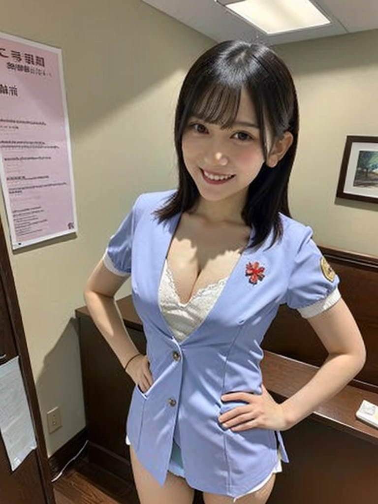 (8k, RAW Photos, Highest quality, masterpiece: 1.2), (Realistic, photoRealistic: 1.37), Very detailed, Ultra-high resolution, Girl 1, , Beautiful and elaborate face, smile, teeth, (Feather Cut: 0.6), Nurse uniform, panties, Professional Lighting, Detailed room, indoor, hospital、district、Full body photo, Neat、Whole Body Ezbian、Cleavage