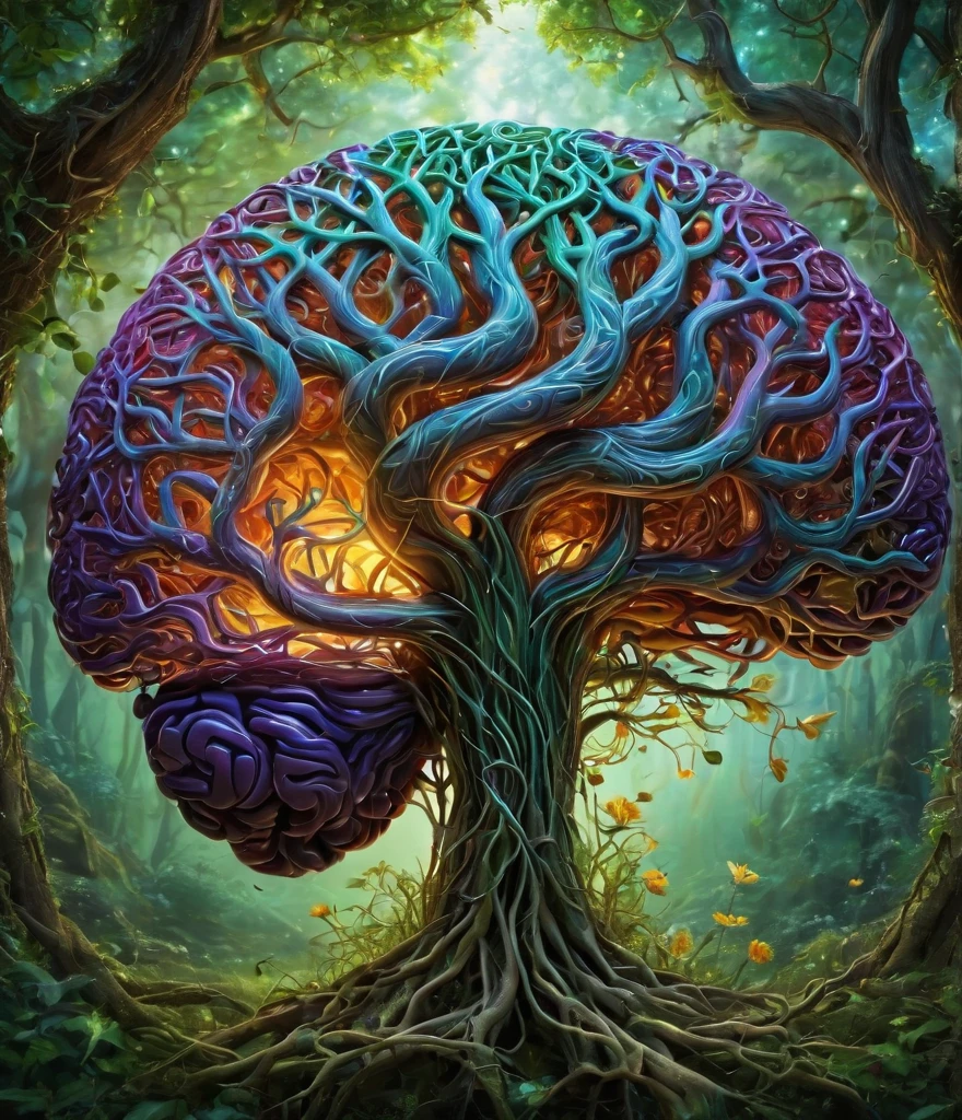A mesmerizing acrylic illustration of a human brain. The brain made from intricately woven with trees, vines, and flowers, sprouting from the brain stem, creating a surreal and organic fusion of nature and intelligence, with the cerebellum clearly visible. The vines branch out, forming complex neural networks that are translucent and extend into the surroundings and glow from the inside. The brain is depicted without bones and skin, purely composed of the vegetation, showcasing the interconnectedness of nature and human cognition. The illustration is rendered with detail, capturing every texture of the trees, vines, and flowers, creating a masterpiece. The colors are vibrant, with a color palette dominated by various shades of green,brown and violet, representing life and harmony. Some flowers bloom in vibrant hues adding pops of color to the overall composition. It is a true masterpiece of art.