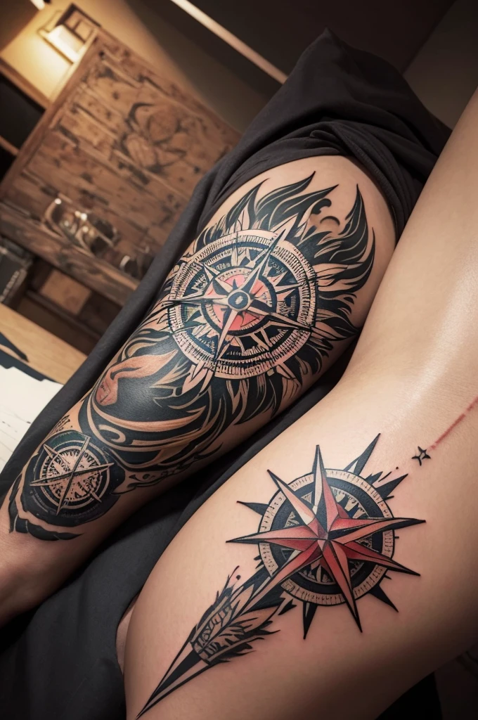 Tattoo with a mixture of lion compass eagle 
