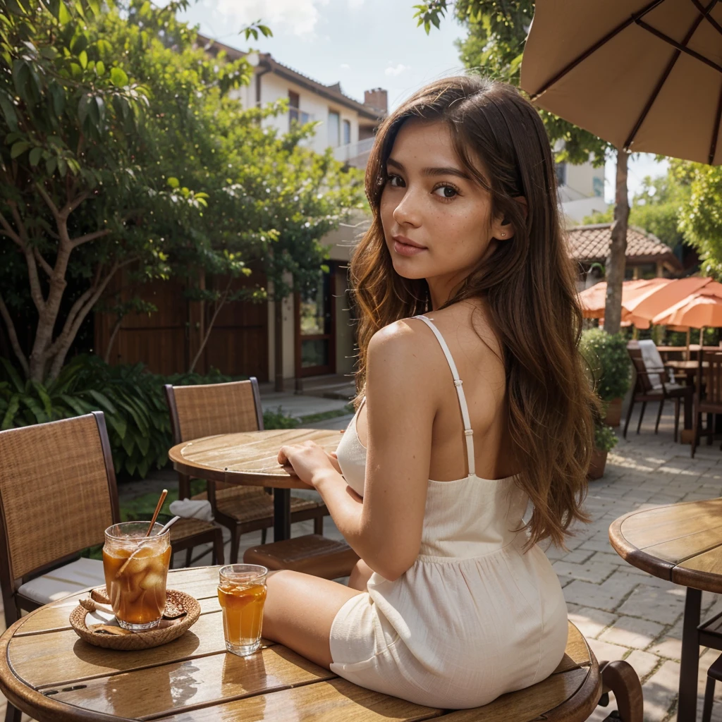 Create a very realistic and beautiful model with the following detailed features: Gender: Female, Age: Young adult (approximately 20-25 years old), Hair: Long, wavy and reddish with a natural shine, gently cascading around the shoulders and back back. . . . . . . . . . . , Eyes: Bright green with a captivating, slightly almond-shaped look, detailed with natural highlights, Skin: Fair complexion with a light texture, including natural freckles on the nose and cheeks, giving a youthful and vibrant appearance: Fair complexion with a light texture, including natural freckles on the nose and cheeks, giving a youthful and lively appearance, Face: with a smooth and natural contour, soft, full lips with a slight pinkish tint and a slightly delicate upturned nose, Expression : a gentle face, with a touch of mischief, which conveys warmth and approachability, Clothing: a flowing orange dress, bright orange color, Context: the model is on an elegant, flowery street, sitting at a table in an open-air restaurant , glass of iced tea on the table, , clear sunny day, view of trees in the background.
Pose: relaxed and confident posture, sitting at a table in an outdoor restaurant, glass of iced tea on the table, , clear sunny day, view of trees in the background.aesthetic, Unsplash, Neoclassicism, Background complex, Best quality, hyper detailed, Gratty Sita, 64K, Light design