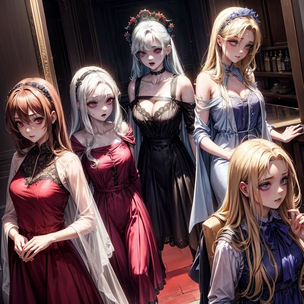 group of sexy female zombies wearing silk dresses