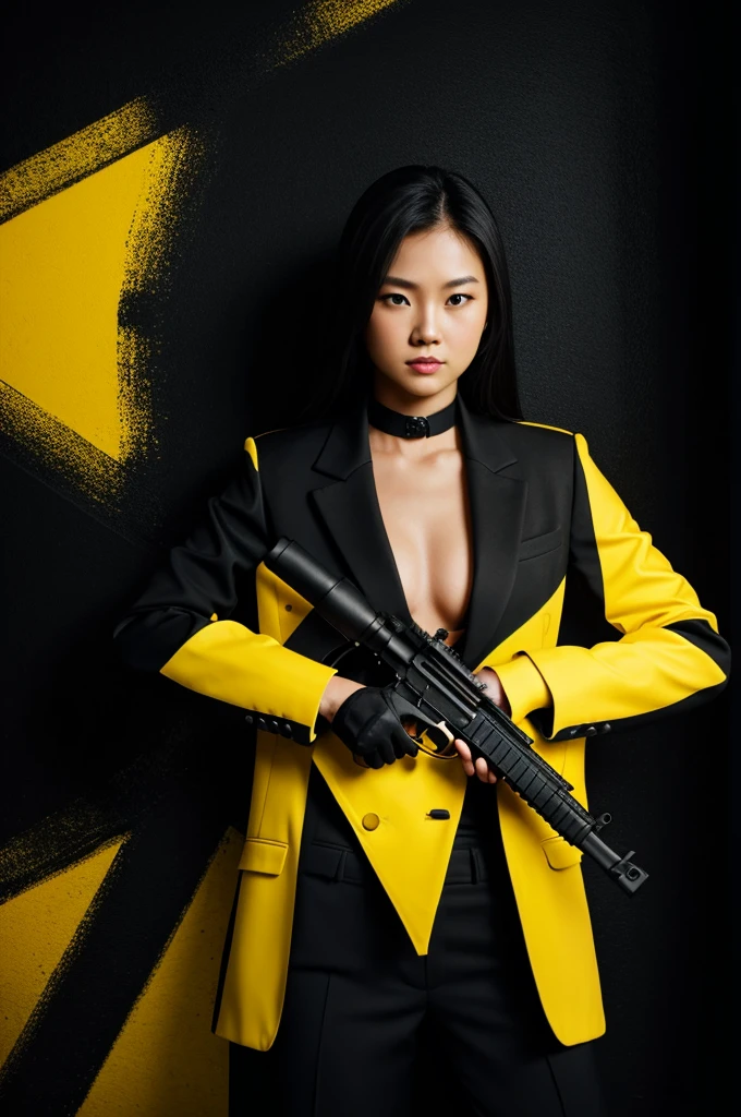 Realistic woman wearing black suit holding guns black ang yellow background 