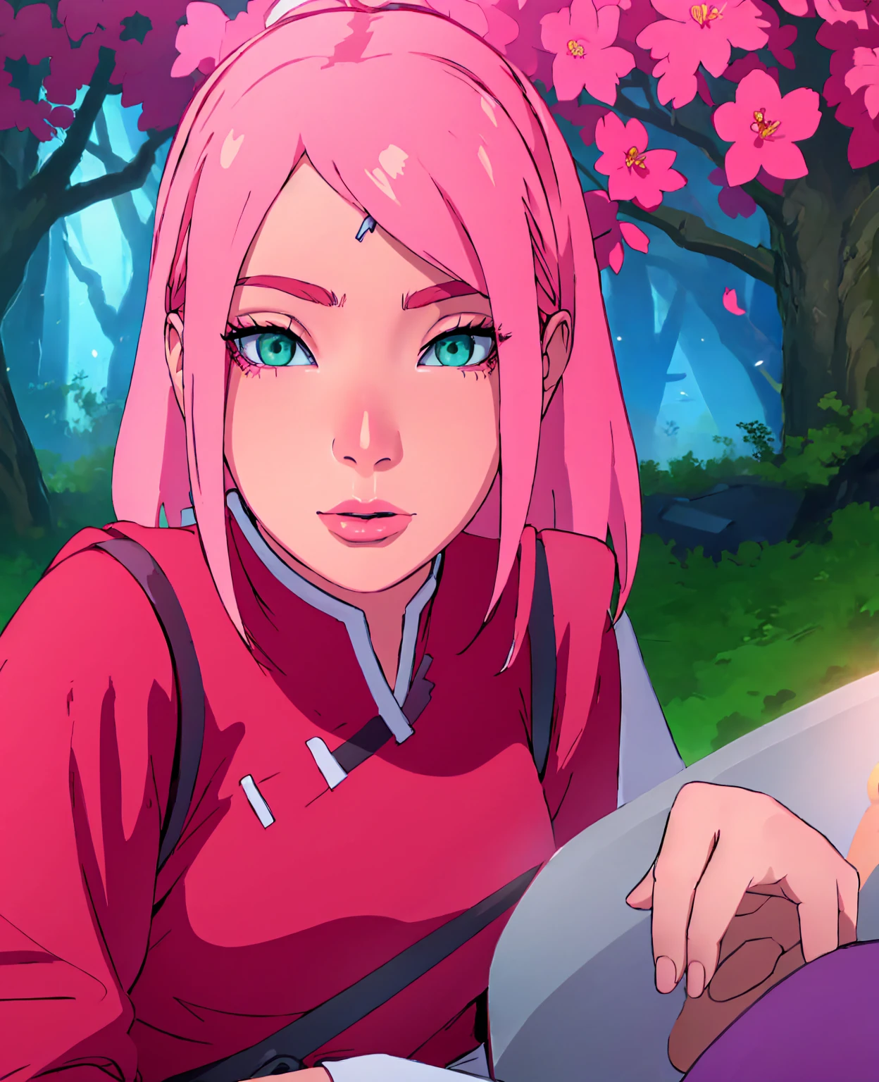 beautiful detailed eyes, beautiful detailed lips, extremely detailed eyes and face, long eyelashes, 1girl, sakura haruno, pink hair, green eyes, japanese anime style, graceful pose, cherry blossom tree, garden setting, (best quality, 4k, 8k, highres, masterpiece:1.2), ultra-detailed, realistic, photorealistic, photo-realistic:1.37, vibrant colors, warm lighting, digital painting