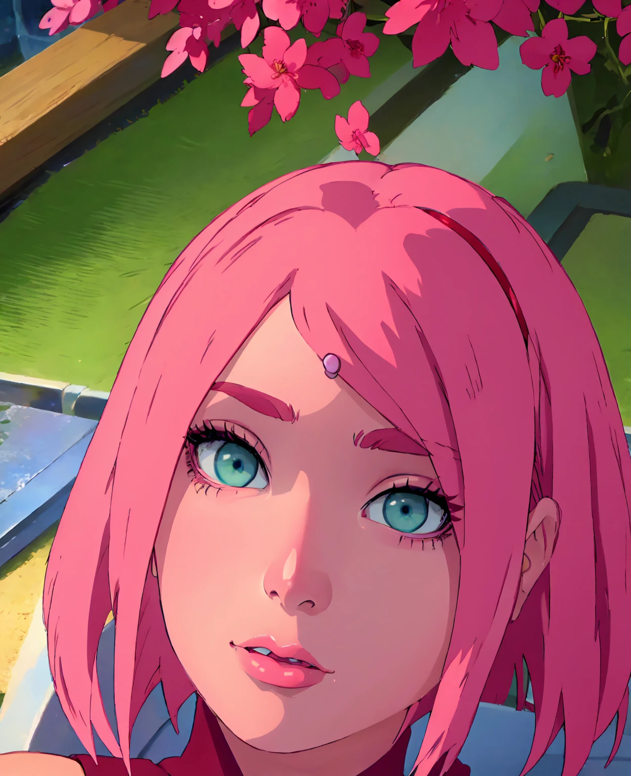 beautiful detailed eyes, beautiful detailed lips, extremely detailed eyes and face, long eyelashes, 1girl, sakura haruno, pink hair, green eyes, japanese anime style, graceful pose, cherry blossom tree, garden setting, (best quality, 4k, 8k, highres, masterpiece:1.2), ultra-detailed, realistic, photorealistic, photo-realistic:1.37, vibrant colors, warm lighting, digital painting