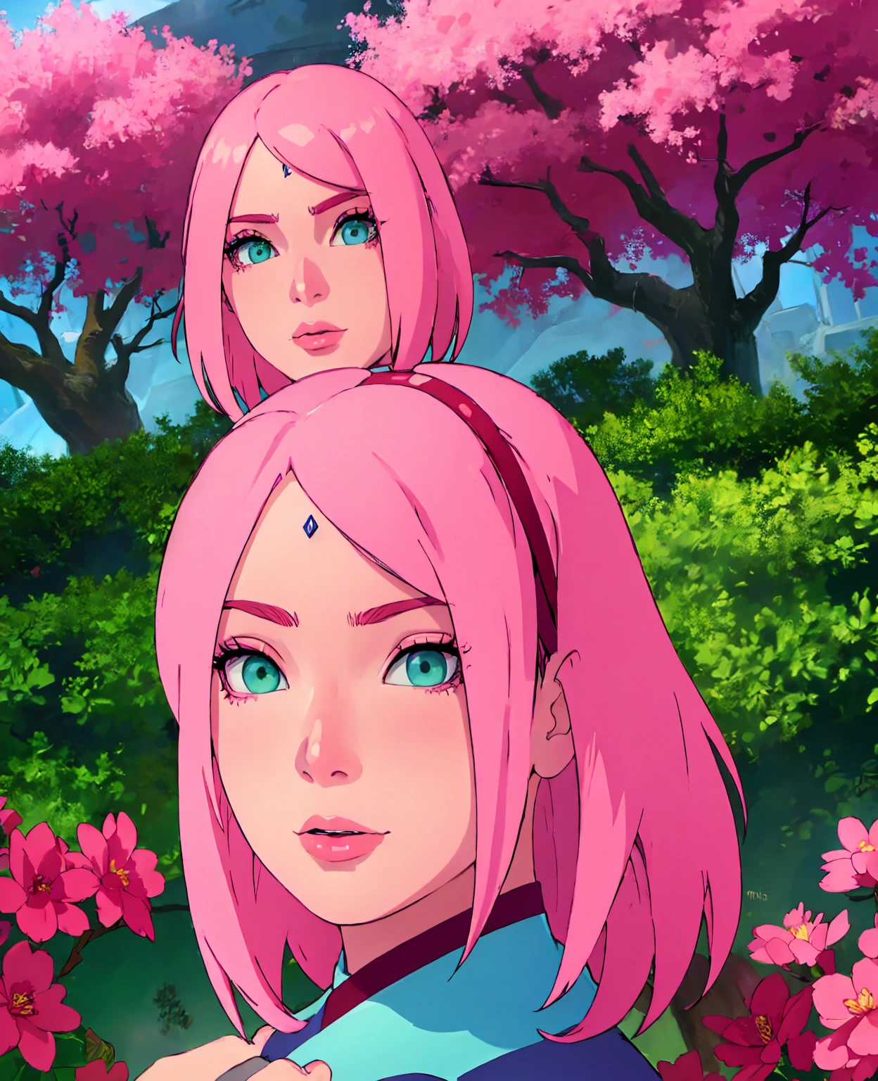 beautiful detailed eyes, beautiful detailed lips, extremely detailed eyes and face, long eyelashes, 1girl, sakura haruno, pink hair, green eyes, japanese anime style, graceful pose, cherry blossom tree, garden setting, (best quality, 4k, 8k, highres, masterpiece:1.2), ultra-detailed, realistic, photorealistic, photo-realistic:1.37, vibrant colors, warm lighting, digital painting