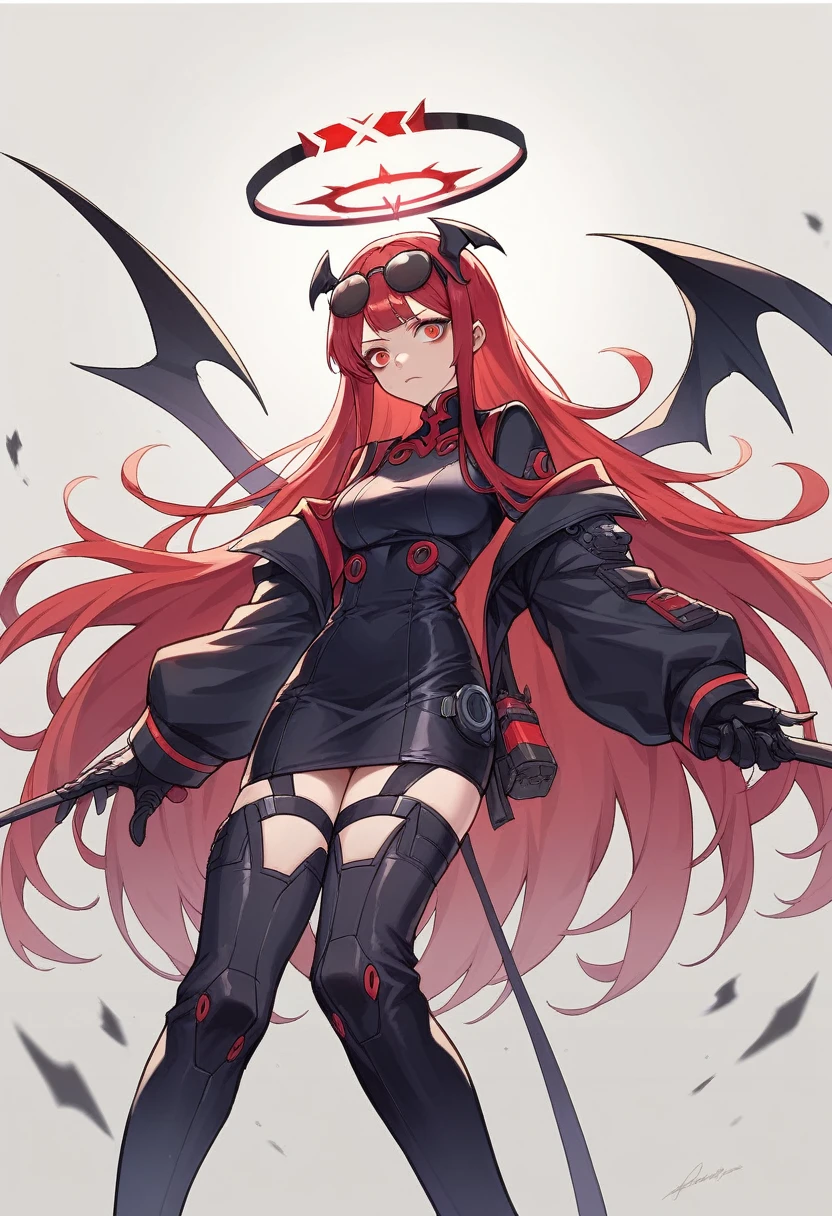 アニメ, best qualityer, Caucasian female, long red hair, Red eye , long sleeve black fitted shirt , very short black skirt , black long boots, black halo, black cyberpunk glasses on head, black devil syrup , holding black ax , with a black ax