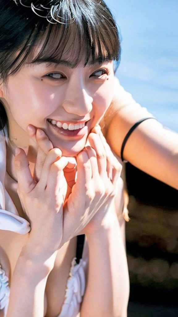 masterpiece、highest quality、official art、Highly detailed CG Unity 8k wallpaper、like 、very delicate and beautiful、超A high resolution、(Photoreal:1.4)、golden hour lighting、(Upper body)、(platinum hair:0.8)、(puffy eyes)、looking at the viewer、facing there、laughter、、、short black hair、White microbikini、See-through、wan wan style、return, Cleavage, Big Breasts, Beautiful abs,
