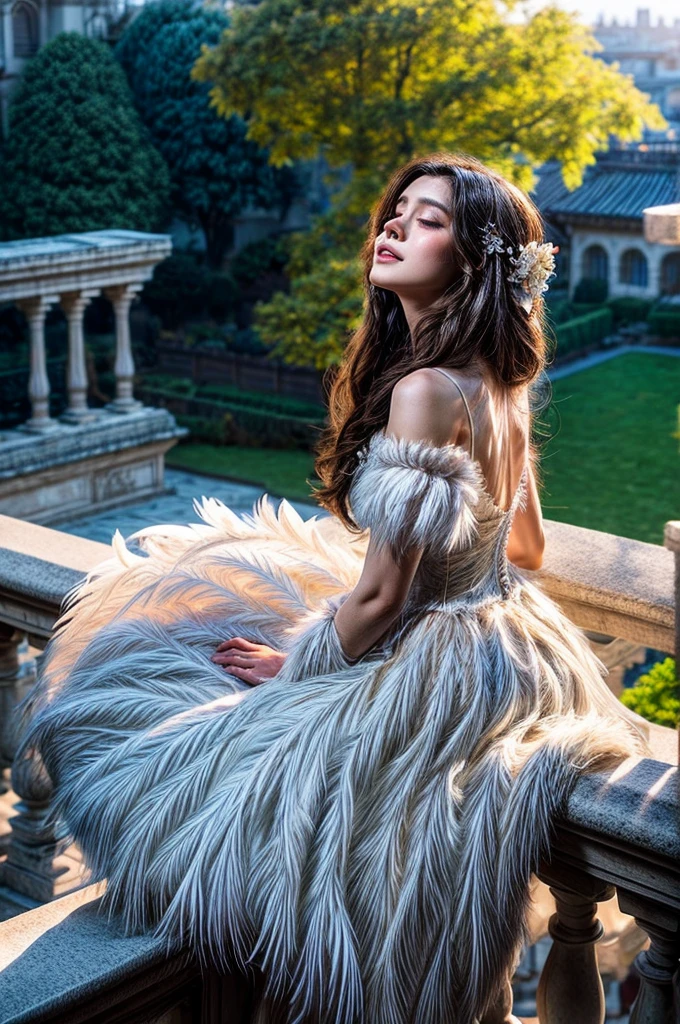 a majestic princess with long brown hair and a flowing white coat sits on a balcony overlooking a lush garden. Her hair is friezed, and she wears a flowing gown made of silver and white feathers. The sun shines brightly overhead, casting a golden glow on the princess's princess's face. The air is filled with the sweet scent of blooming flowers and the gentle rustling of leaves in the gentle breeze. The scene conveys a sense of enchantment and elegance, perfect for a fantasy-inspired portrait. detailed matte painting, deep color, fantastical, intricate detail, splash screen, complementary colors, fantasy concept art, 8k resolution trending on Artstation Unreal Engine 5