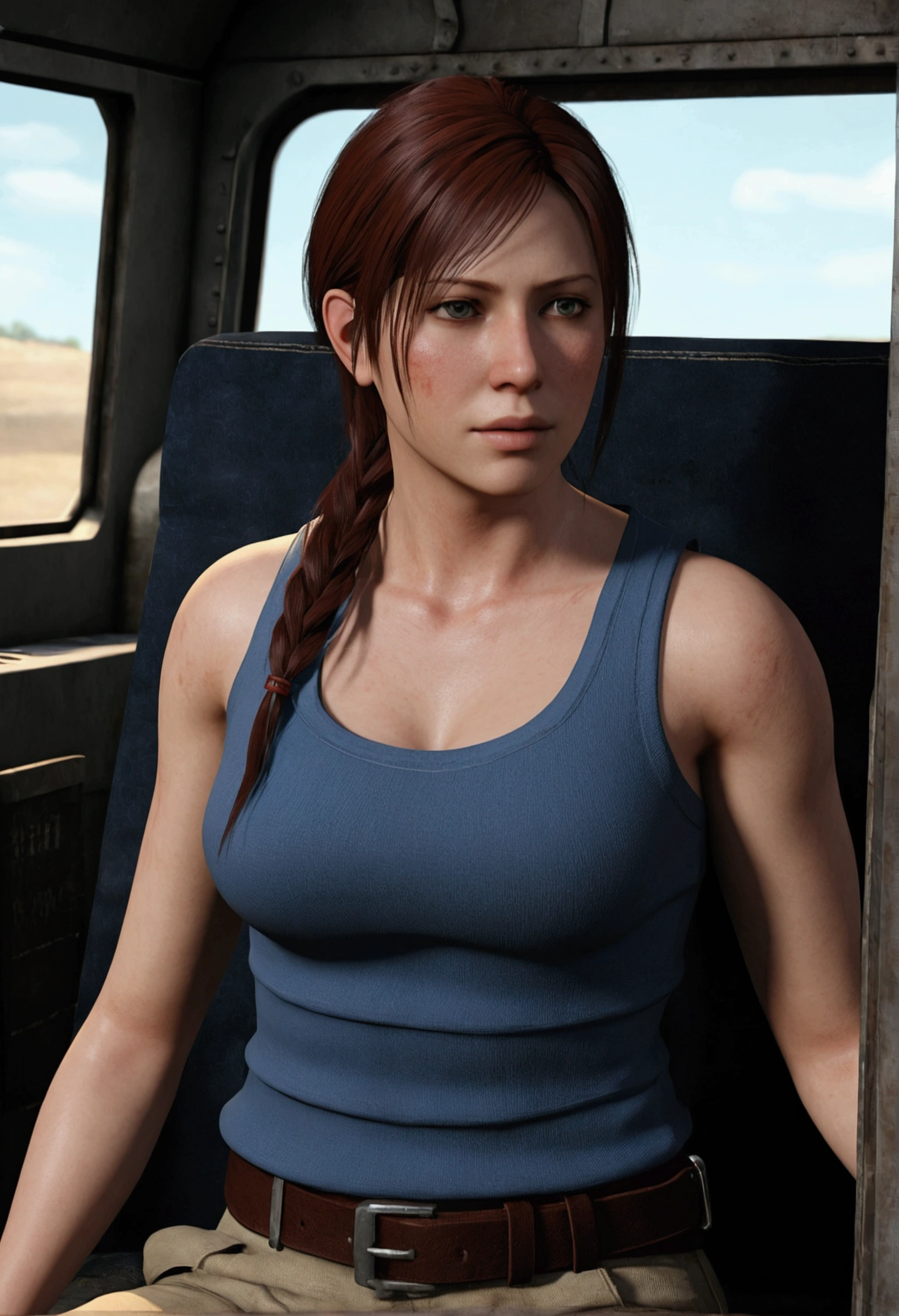 (masterpiece, best quality), 1girl,     claireredfield2,  lie in a truck, back