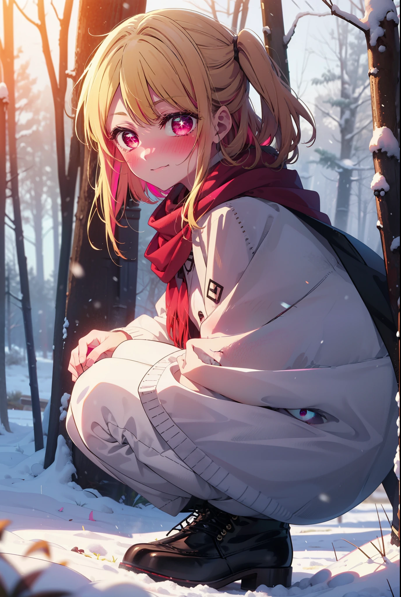 rubyhoshino, Hoshino Ruby, Long Hair, bangs, blonde, (Pink Eyes:1.3), Side Lock, (Symbol-shaped pupil:1.5), Multicolored Hair, Two-tone hair, smile,,smile,blush,white breath,
Open your mouth,snow,Ground bonfire, Outdoor, boots, snowing, From the side, wood, suitcase, Cape, Blurred, , forest, White handbag, nature,  Squat, Mouth closed, Cape, winter, Written boundary depth, Black shoes, red Cape break looking at viewer, Upper Body, whole body, break Outdoor, forest, nature, break (masterpiece:1.2), Highest quality, High resolution, unity 8k wallpaper, (shape:0.8), (Beautiful and beautiful eyes:1.6), Highly detailed face, Perfect lighting, Highly detailed CG, (Perfect hands, Perfect Anatomy),