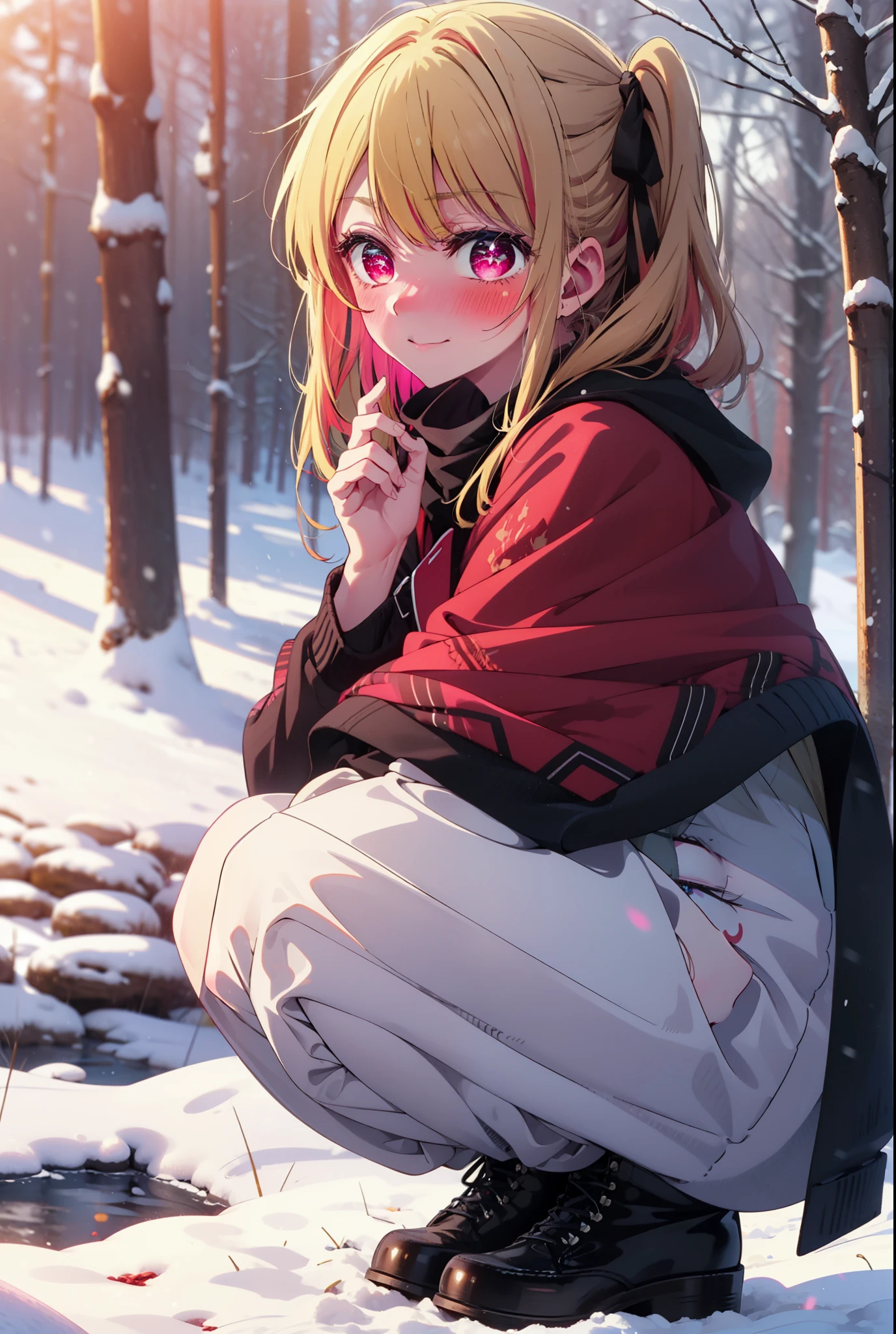 rubyhoshino, Hoshino Ruby, Long Hair, bangs, blonde, (Pink Eyes:1.3), Side Lock, (Symbol-shaped pupil:1.5), Multicolored Hair, Two-tone hair, smile,,smile,blush,white breath,
Open your mouth,snow,Ground bonfire, Outdoor, boots, snowing, From the side, wood, suitcase, Cape, Blurred, , forest, White handbag, nature,  Squat, Mouth closed, Cape, winter, Written boundary depth, Black shoes, red Cape break looking at viewer, Upper Body, whole body, break Outdoor, forest, nature, break (masterpiece:1.2), Highest quality, High resolution, unity 8k wallpaper, (shape:0.8), (Beautiful and beautiful eyes:1.6), Highly detailed face, Perfect lighting, Highly detailed CG, (Perfect hands, Perfect Anatomy),