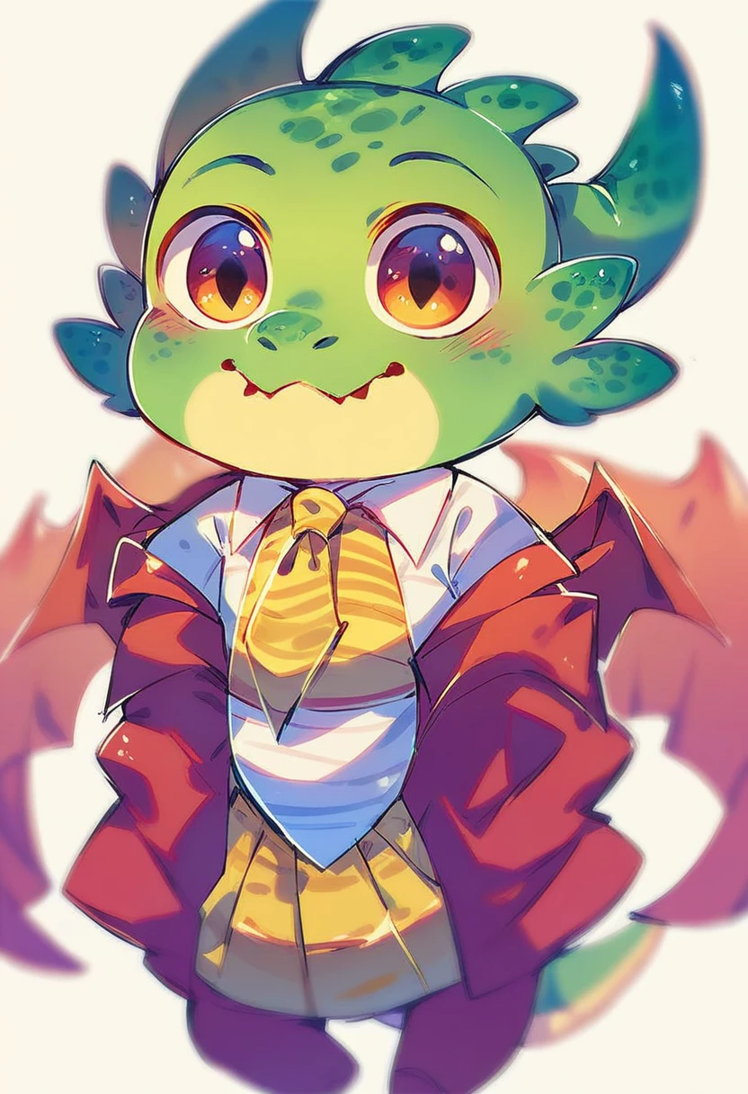 high quality, (cute little Dragon), (cartoon:1.3),(((chibi:1.2))),(pixar style:1.2),(cute expression:1.1), (Dragon), (cute little dragon), ((((red with yellowish colors)))), he wears a gold tie, (((White background)), 
