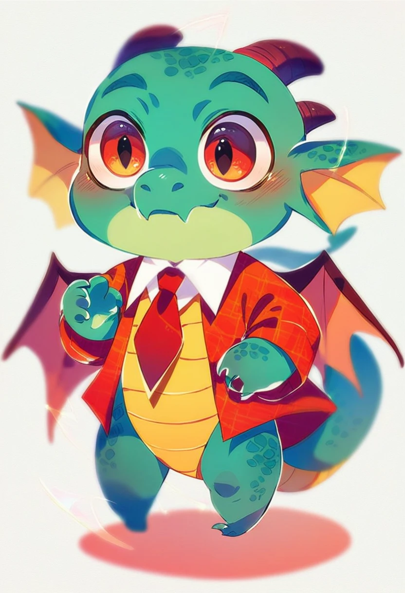 high quality, (cute little Dragon), (cartoon:1.3),(((chibi:1.2))),(pixar style:1.2),(cute expression:1.1), (Dragon), (cute little dragon), ((((red with yellowish colors)))), he wears a gold tie, (((White background)), 
