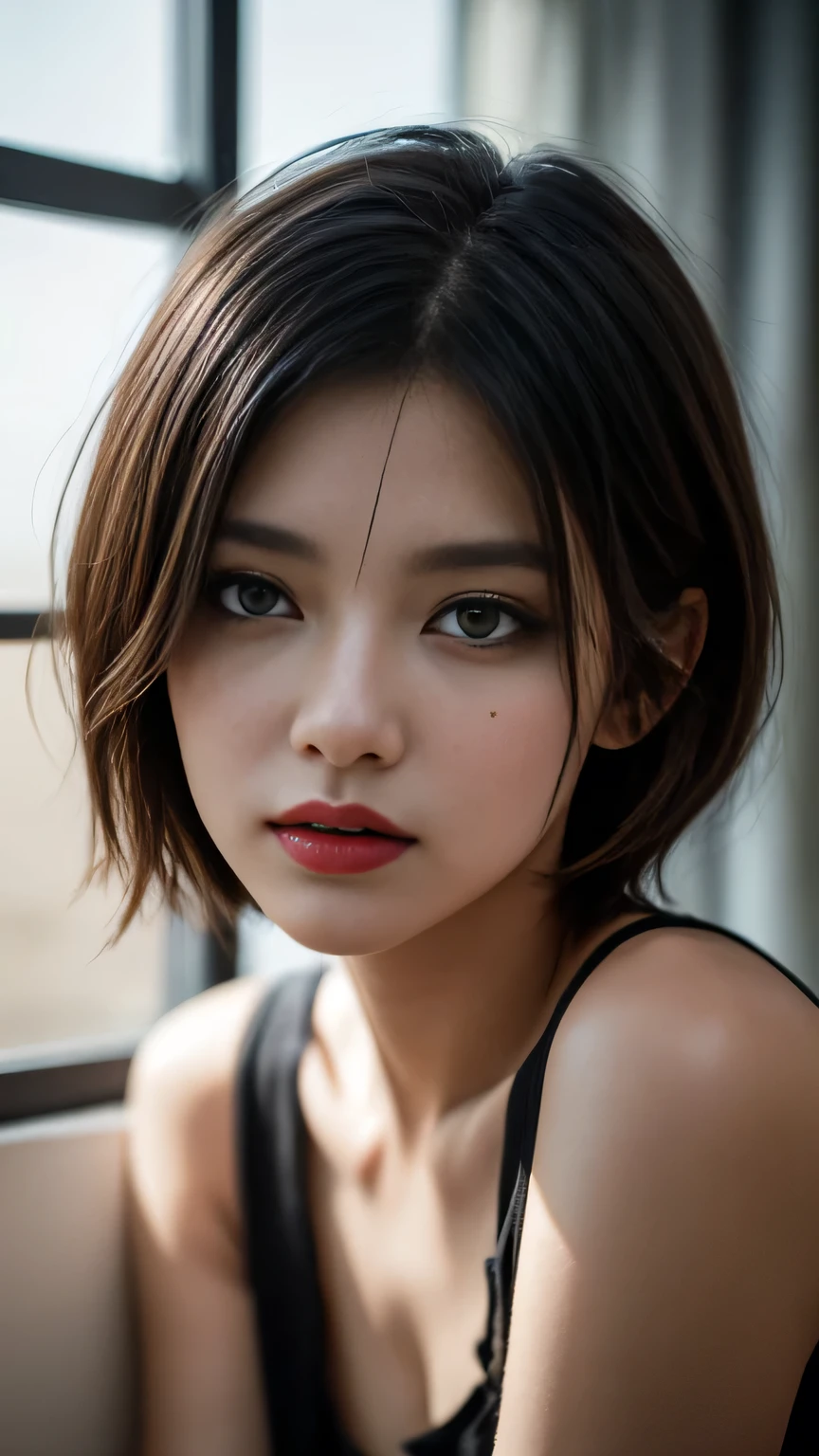 (Highest quality,8k,High resolution,masterpiece:1.2),Digital Art, girl,Delicate face,Delicate eyes,Light Brown Hair,Straight hair,Short Bob Cut Hair、(((Glowing black eyes))),T-Shirts、Cowboy Shot、Red lips,particle,Dust,A little blush,shy,in love,Gaze lovingly at,(HD Skins),Shallow depth of field,Warm colors,2-color light