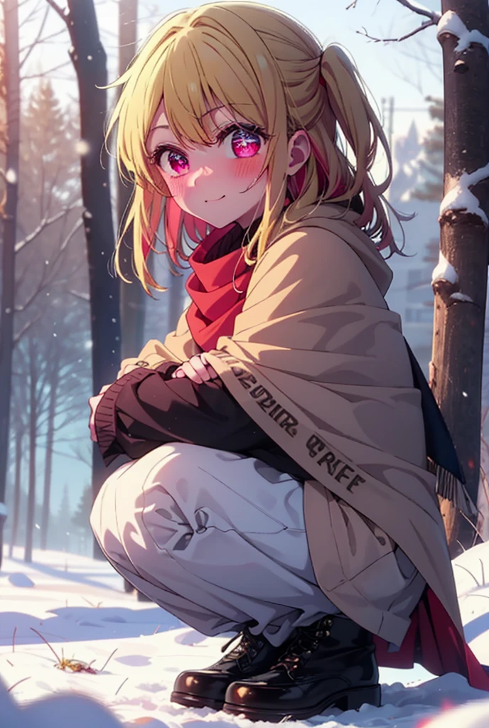 rubyhoshino, Hoshino Ruby, Long Hair, bangs, blonde, (Pink Eyes:1.3), Side Lock, (Symbol-shaped pupil:1.5), Multicolored Hair, Two-tone hair, smile,,smile,blush,white breath,
Open your mouth,snow,Ground bonfire, Outdoor, boots, snowing, From the side, wood, suitcase, Cape, Blurred, , forest, White handbag, nature,  Squat, Mouth closed, Cape, winter, Written boundary depth, Black shoes, red Cape break looking at viewer, Upper Body, whole body, break Outdoor, forest, nature, break (masterpiece:1.2), Highest quality, High resolution, unity 8k wallpaper, (shape:0.8), (Beautiful and beautiful eyes:1.6), Highly detailed face, Perfect lighting, Highly detailed CG, (Perfect hands, Perfect ),