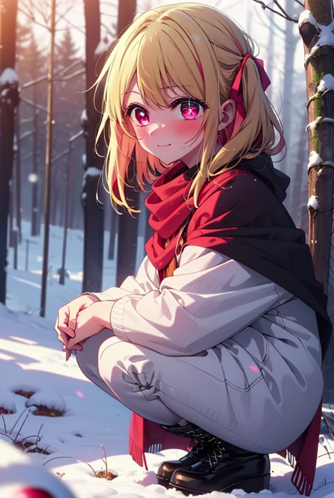 rubyhoshino, Hoshino Ruby, Long Hair, bangs, blonde, (Pink Eyes:1.3), Side Lock, (Symbol-shaped pupil:1.5), Multicolored Hair, Two-tone hair, smile,,smile,blush,white breath,
Open your mouth,snow,Ground bonfire, Outdoor, boots, snowing, From the side, wood, suitcase, Cape, Blurred, , forest, White handbag, nature,  Squat, Mouth closed, Cape, winter, Written boundary depth, Black shoes, red Cape break looking at viewer, Upper Body, whole body, break Outdoor, forest, nature, break (masterpiece:1.2), Highest quality, High resolution, unity 8k wallpaper, (shape:0.8), (Beautiful and beautiful eyes:1.6), Highly detailed face, Perfect lighting, Highly detailed CG, (Perfect hands, Perfect Anatomy),