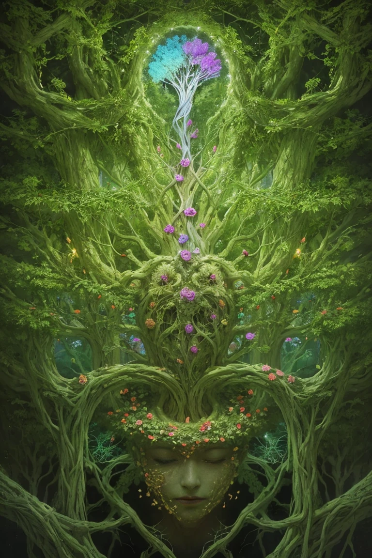 A mesmerizing acrylic illustration of a human brain. The brain made from intricately woven with trees, vines, and flowers, sprouting from the brain stem, creating a surreal and organic fusion of nature and intelligence, with the cerebellum clearly visible. The vines branch out, forming complex neural networks that are translucent and extend into the surroundings and glow from the inside. The brain is depicted without bones and skin, purely composed of the vegetation, showcasing the interconnectedness of nature and human cognition. The illustration is rendered with detail, capturing every texture of the trees, vines, and flowers, creating a masterpiece. The colors are vibrant, with a color palette dominated by various shades of green,brown and violet, representing life and harmony. Some flowers bloom in vibrant hues adding pops of color to the overall composition. It is a true masterpiece of art. 