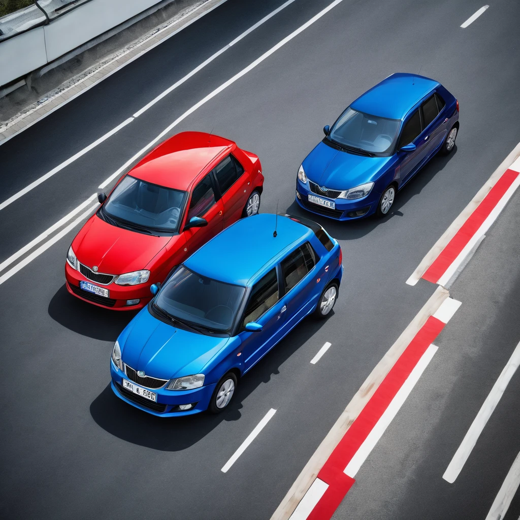 four-lane highway on which an old red Škoda Fabia 2000 car is overtaking a modern blue Japanese car in the fast lane at high speed, top view, high quality detail, photo