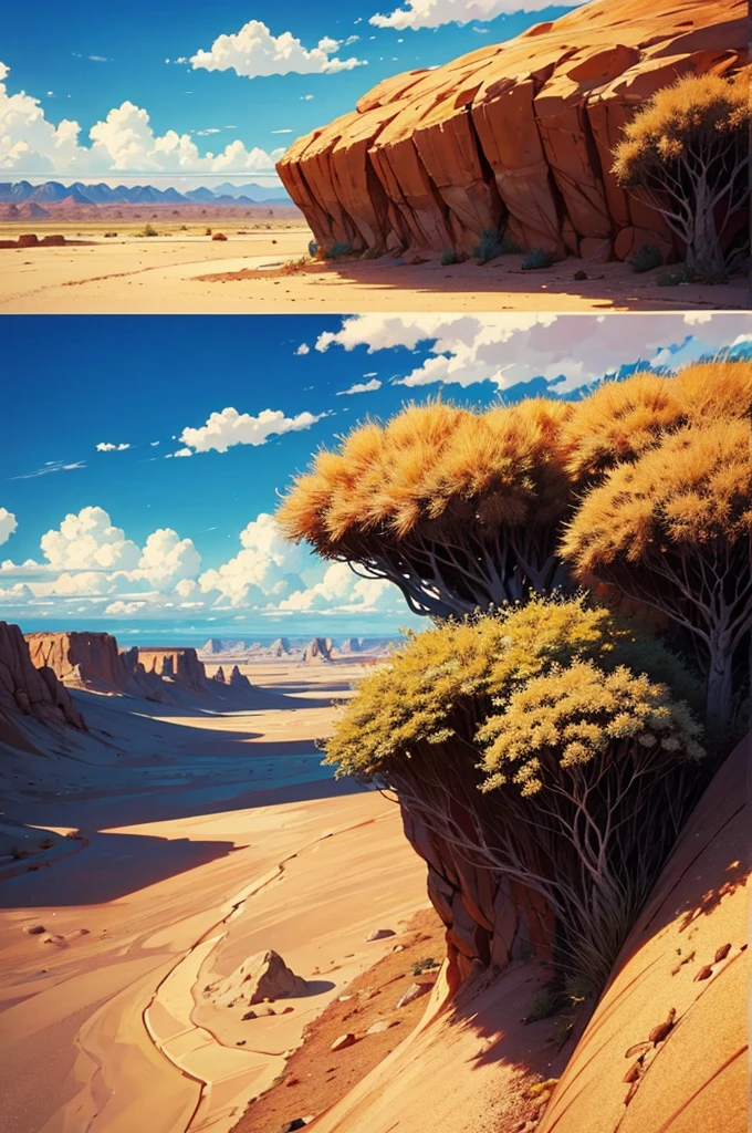 a large and dry desert, wide and hot. In the background we see a small section of some trees, grass and some distant clouds
