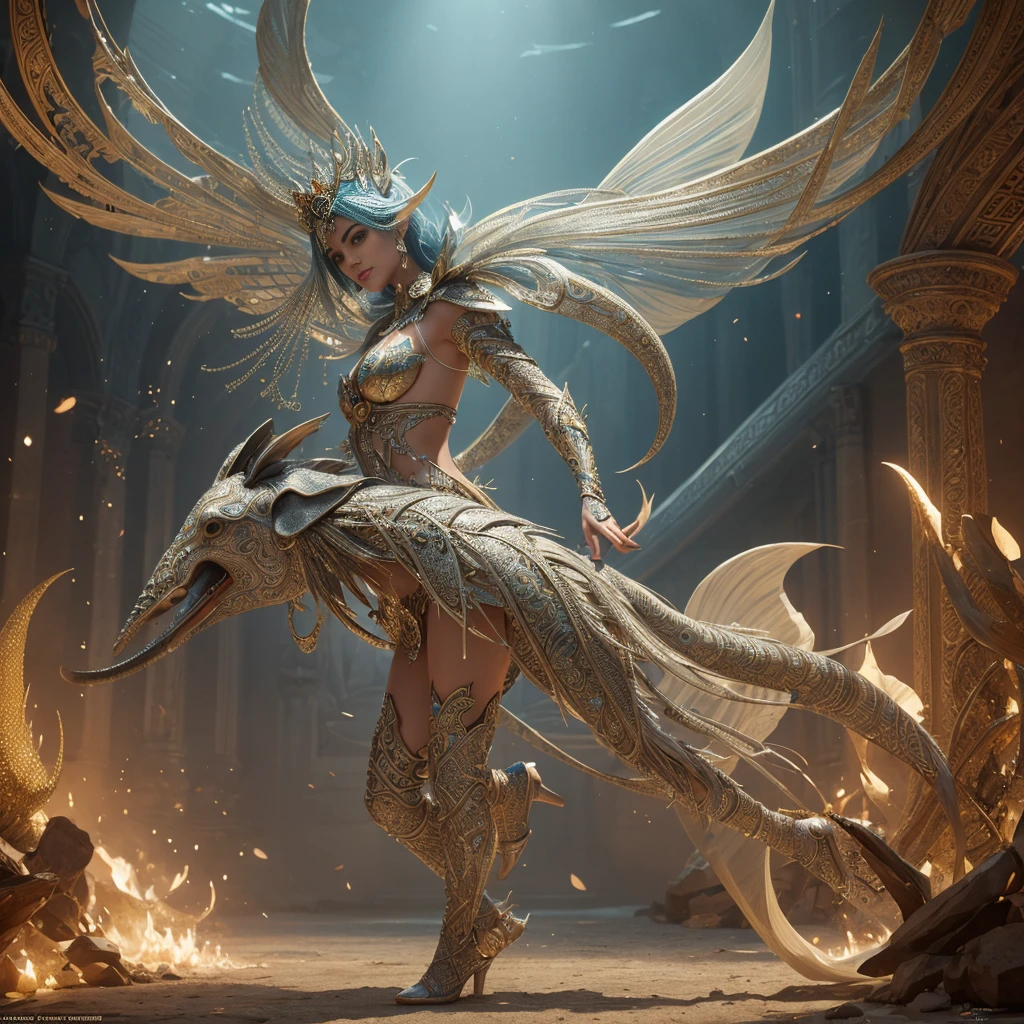 A mesmerizing cinematic 3D render of a captivating fish character, featuring impressive elephant legs and adorned with delicate fur arm and dust leg prosthetics. The fish, clad in an elaborate and dazzling costume that shimmers with every movement, exudes an enchanting aura. Its large, expressive eyes radiate life and curiosity, while the intricate details and textures of the design display the artist's exceptional skill. This imaginative and fashionable fusion of product design, fantasy, and fashion creates a visually stunning and unforgettable experience., 3d render, photo, fashion, vibrant, product, cinematic