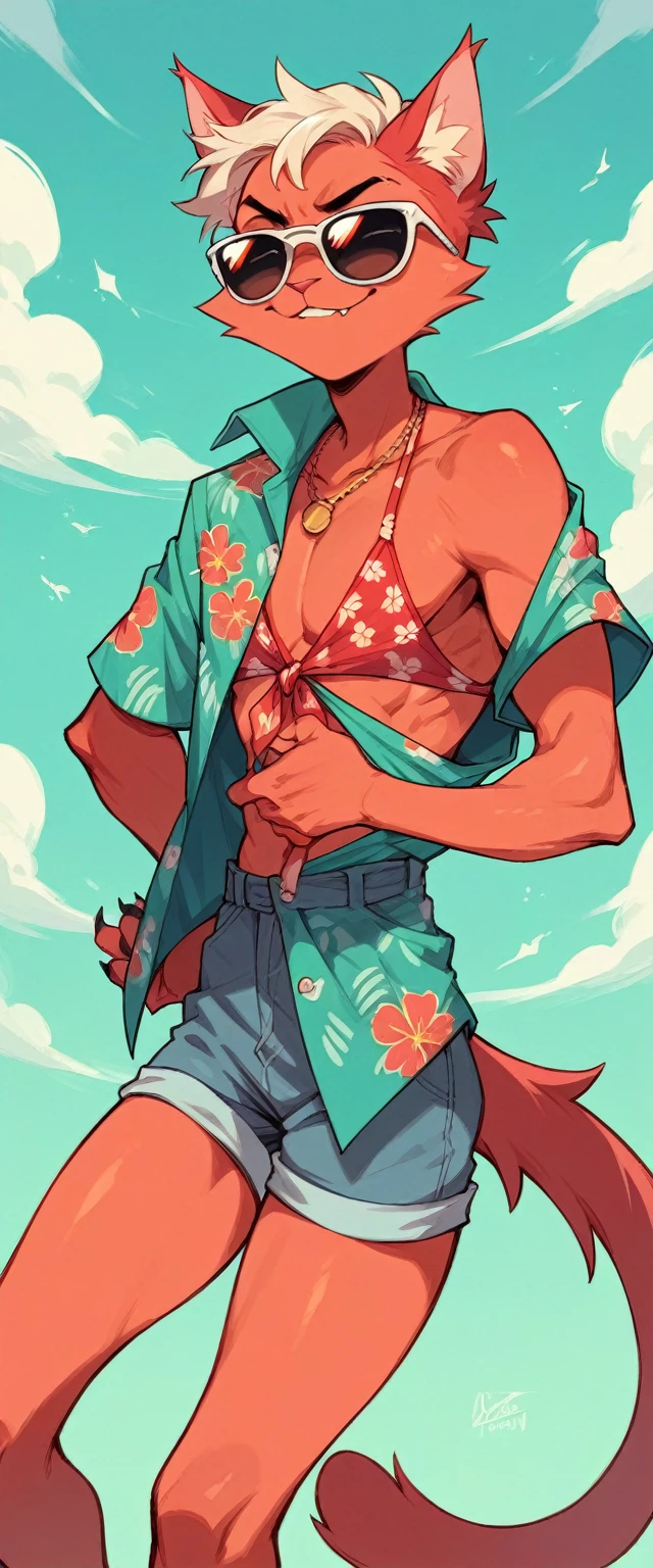 Red cat in sunglasses and a turquoise Hawaiian shirt